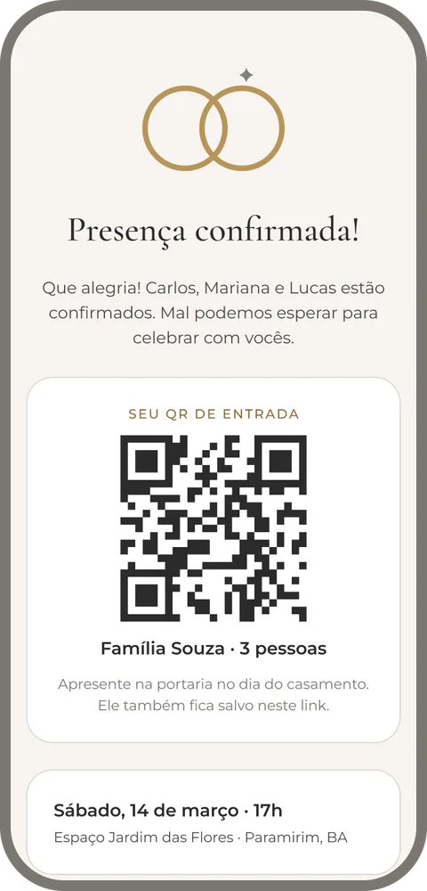 Tela de presença confirmada com o QR de entrada da família