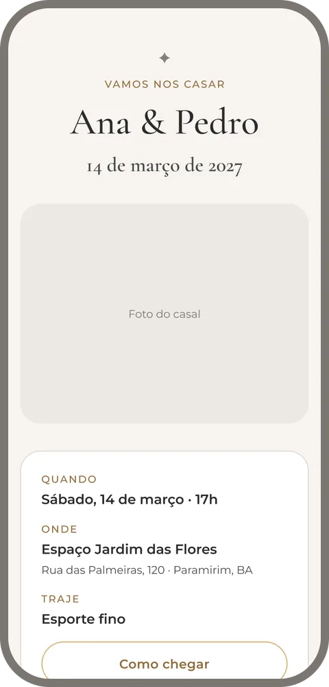 Página do casamento no celular: nomes do casal, data, local e traje